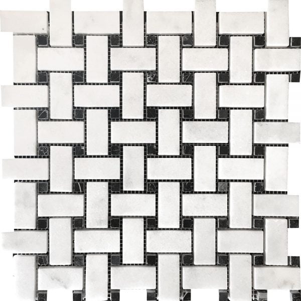 White Carrara T Polished Marble Mosaic Basket Weave 1x2 Inch