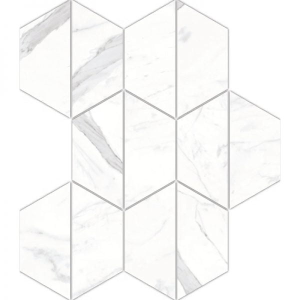 Calacatta Porcelain Glossy Half Hexagon Mosaic 7.95x10.25 Inch