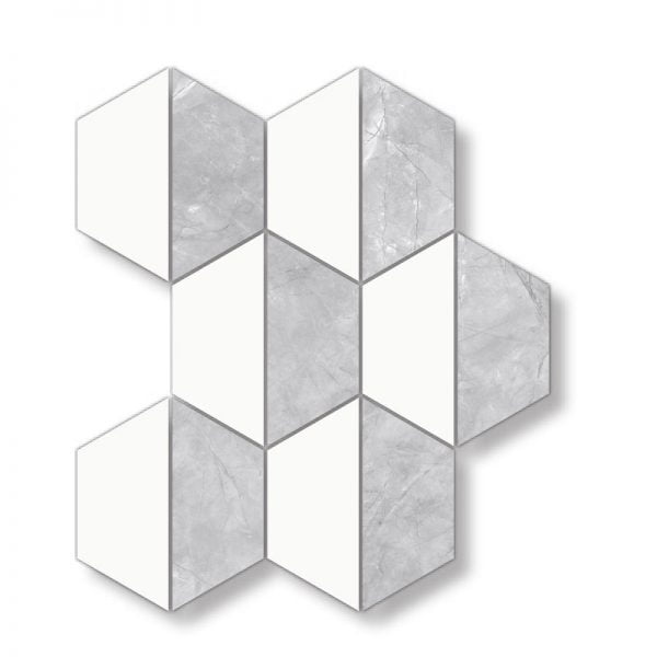 Marginal White Pulpis Grey Porcelain Glossy Half Hexagon Mosaic 7.95x10.25 Inch