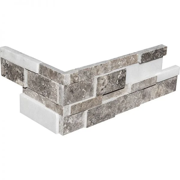 Mix White Carrara T. & Silver Travertine Light Ledger Wall Panel Corner Honed 3D