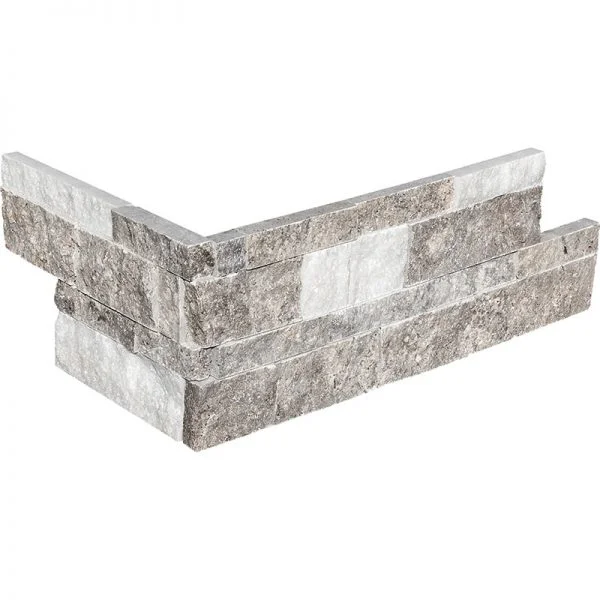 Mix White Carrara T. & Silver Travertine Light Ledger Wall Panel Corner Split Face