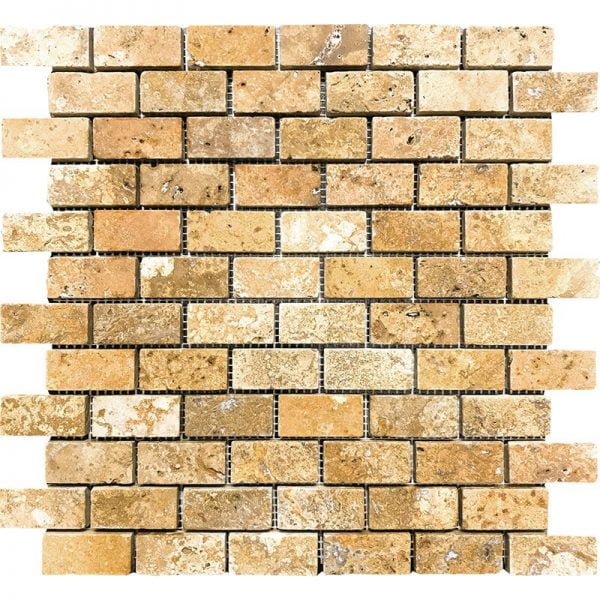 Gold Tumbled Travertine Mosaic Brick 1x2 Inch