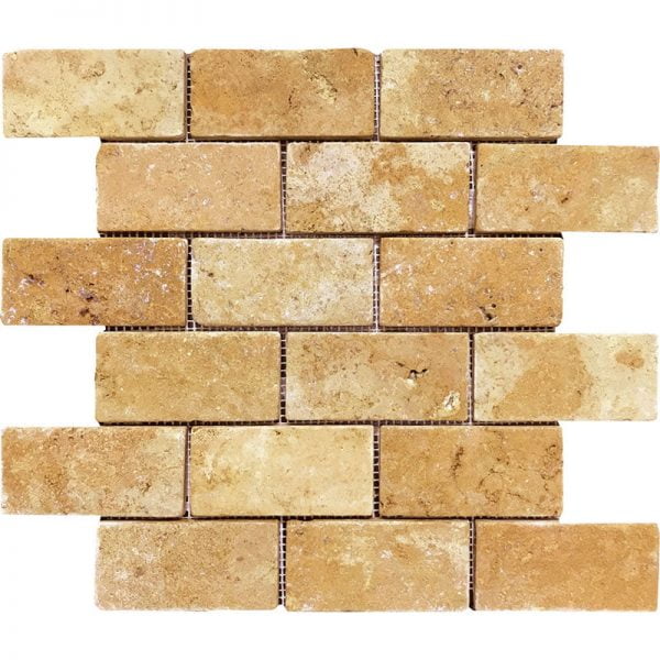 Gold Tumbled Travertine Mosaic Brick 2x4 Inch