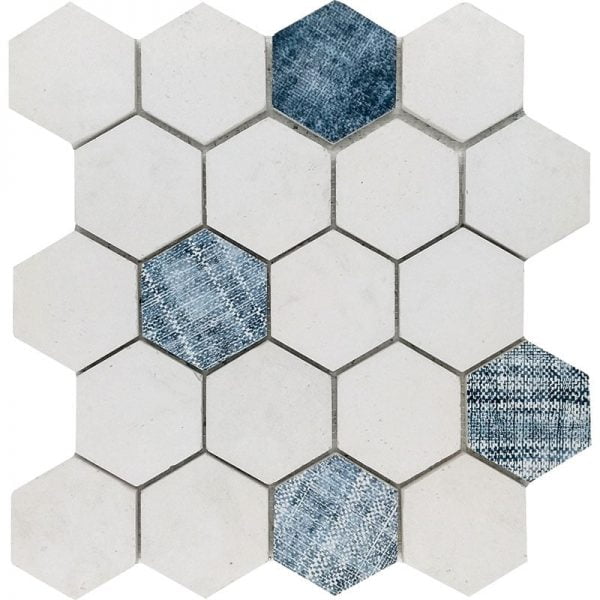 Ecostone White Mosaics 3 Inch Hexagon White&Blue